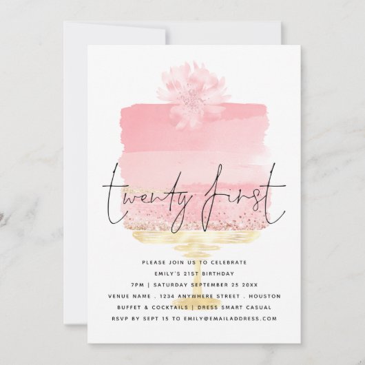 Invitation Script de gâteau rose moderne 21e anniversaire (Devant)