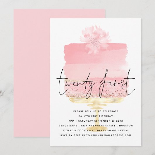 Invitation Script de gâteau rose moderne 21e anniversaire (Devant / Derrière)