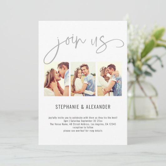 Invitation Script de mariage moderne avec 3 photos pour se jo (Debout devant)