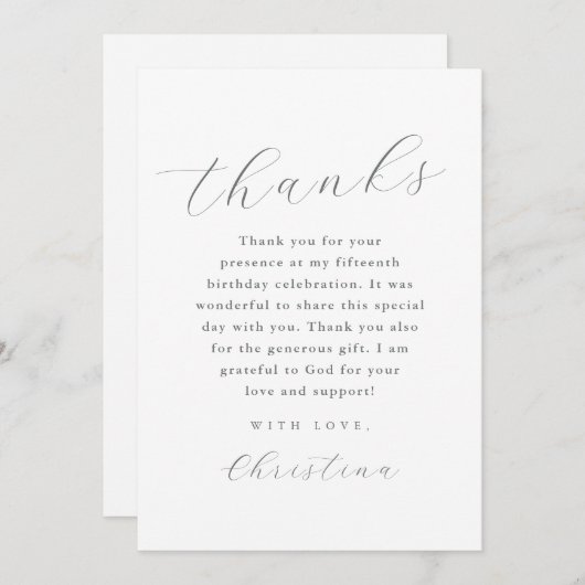 Invitation Script de Merci minimal de Quinceanera (Devant / Derrière)