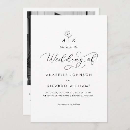 Invitation Script de monogramme de fleurs blanches Photo Code (Devant / Derrière)