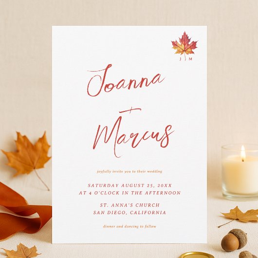 Invitation Script de monogramme feuille d'érable Mariage de a