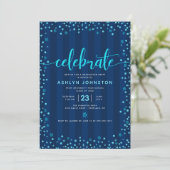 Invitation Script de parties scintillant bleu moderne chic gi (Debout devant)