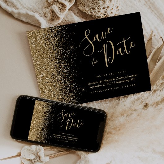 Invitation Script de Parties scintillant d'or noir Enregistre