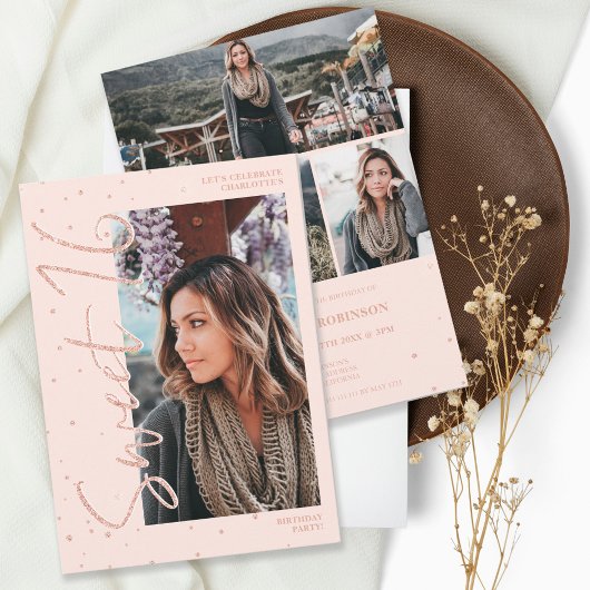 Invitation Script de parties scintillant en or rose moderne 4