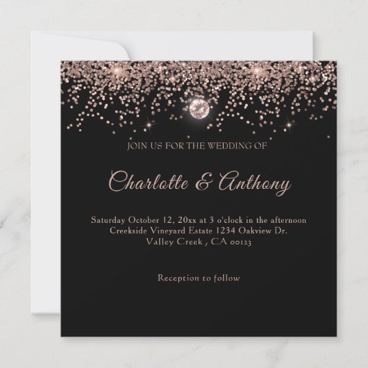 Invitation Script de Parties scintillant en or Rose noir (Devant)