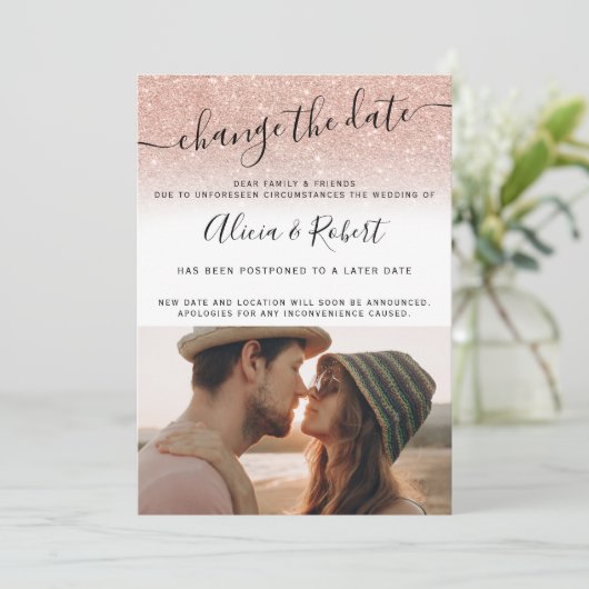 Invitation Script de parties scintillant en or rose photo mod (Debout devant)