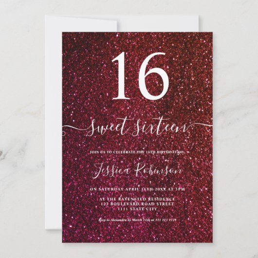 Invitation Script de parties scintillant rouge fille chic Swe (Devant)