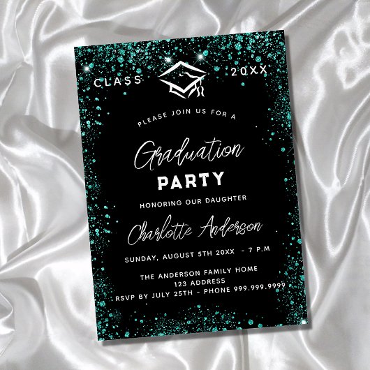 Invitation Script de parties scintillant turquoise noire vert