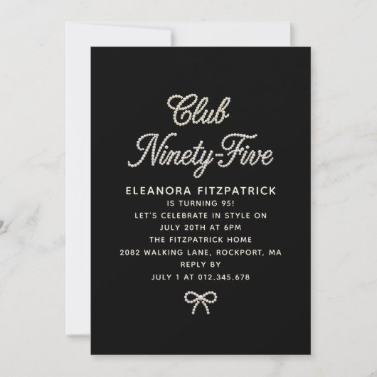 Invitation Script de perle noir et blanc pour 95e anniversair (Devant)