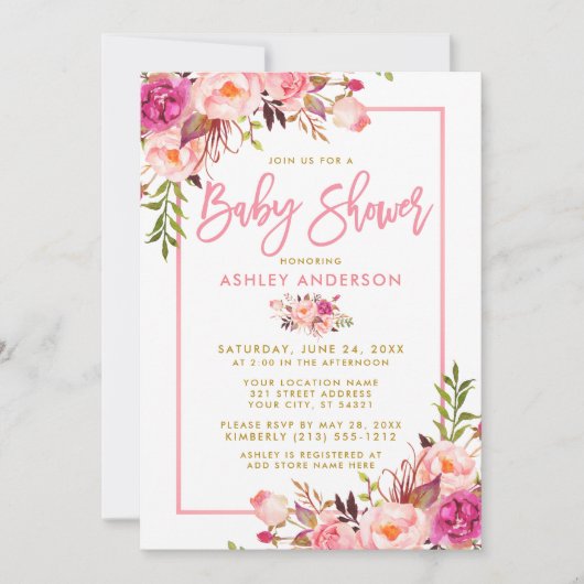 Invitation Script de pinceau rose moderne Baby shower or flor (Devant)
