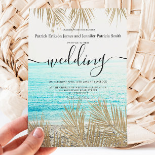 Invitation Script de plage de palmier d'or moderne mariage
