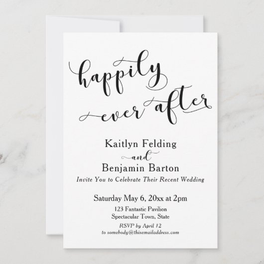 Invitation Script de réception noir et blanc de Happily Ever (Devant)