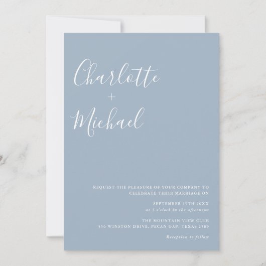 Invitation Script de signature minimaliste Mariage bleu pouss (Devant)