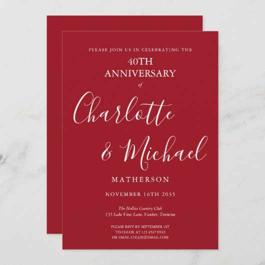 Invitation Script de signature pour les 40 ans de mariage de  (Devant / Derrière)