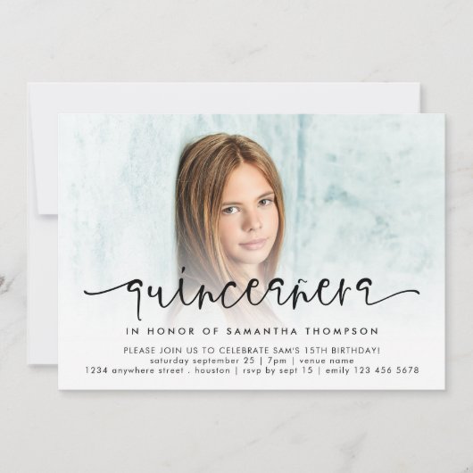 Invitation Script de superposition photo moderne Quinceañera (Devant)