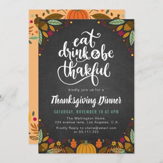 Invitation script de tableau noir et de feuillage pour le dîn (Devant / Derrière)