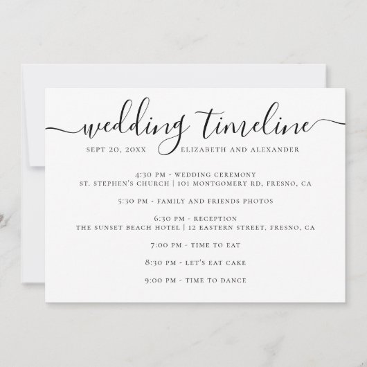 Invitation Script de timeline de mariage noir et blanc (Devant)