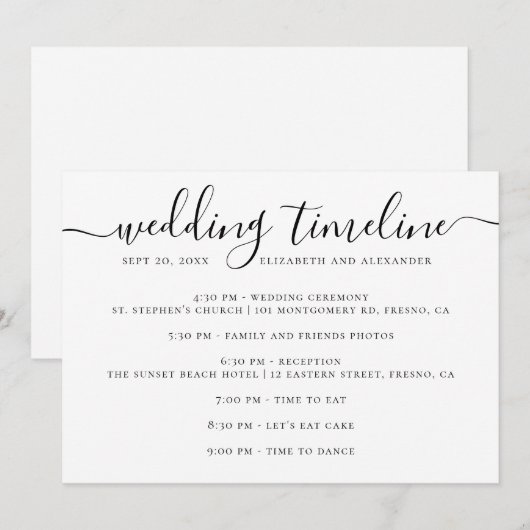 Invitation Script de timeline de mariage noir et blanc (Devant / Derrière)