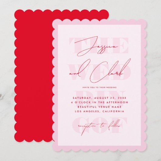 Invitation Script de typographie rouge et rose rétro Mariage  (Devant / Derrière)