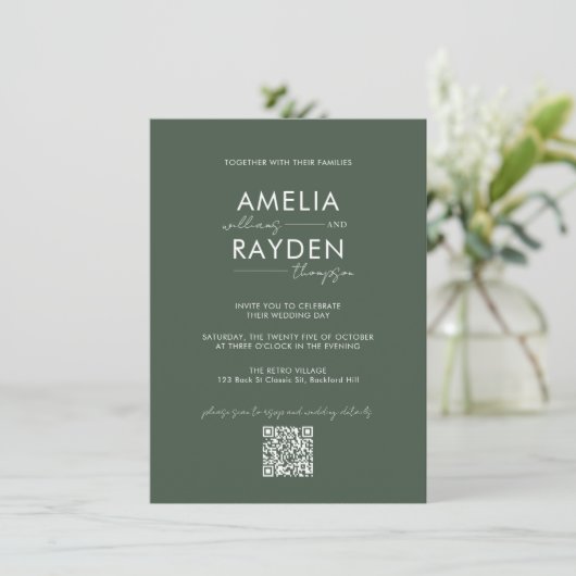 Invitation Script de typographie vert foncé Photo QR Code Mar (Debout devant)