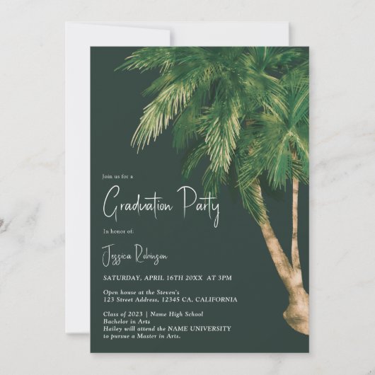 Invitation Script de verdure tropicale palm 3 photos graduati (Devant)