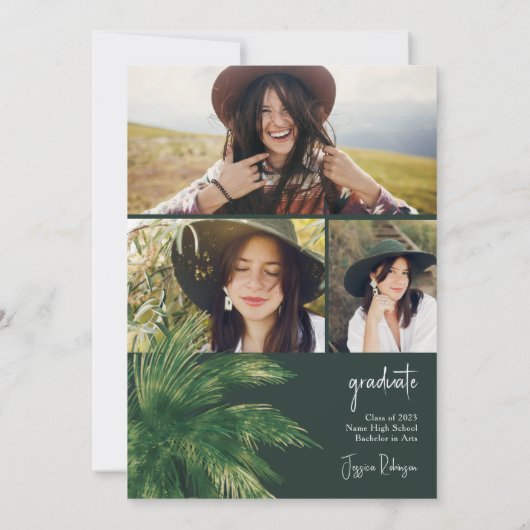 Invitation Script de verdure tropicale palm 3 photos graduati (Dos)