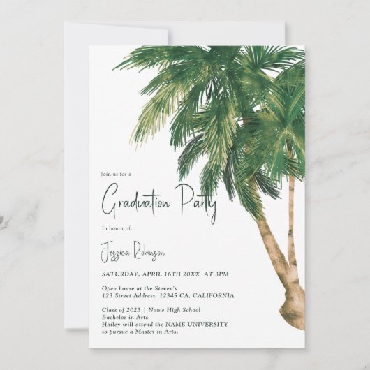 Invitation Script de verdure tropicale palm 3 photos graduati (Devant)