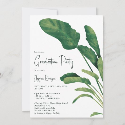 Invitation Script de verdure tropicale plante 3 photos gradua (Devant)