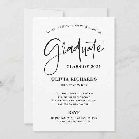 Invitation Script décontracté noir et blanc | Grad Party (Devant)