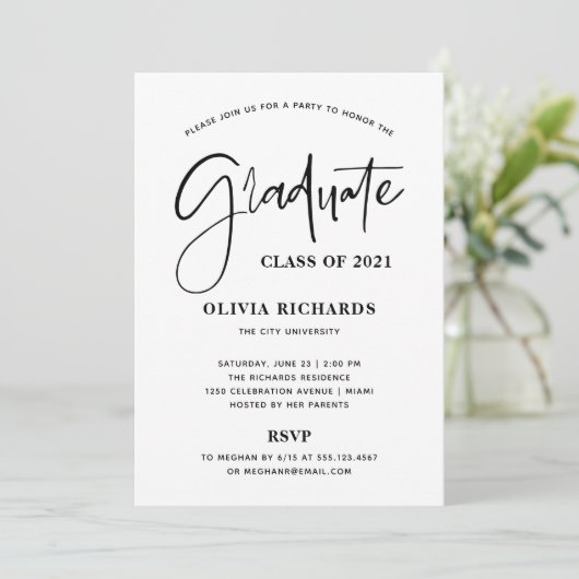 Invitation Script décontracté noir et blanc | Grad Party (Debout devant)