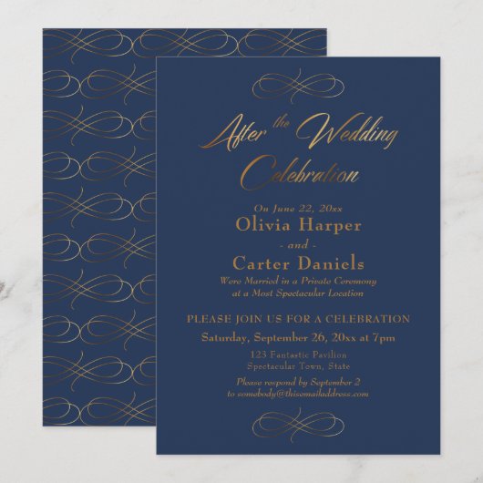 Invitation Script Doré Après la Célébration de Mariage Navy (Devant / Derrière)