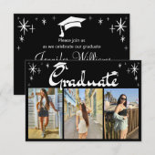 Invitation script élégant 3 photos fête de graduation noir (Devant / Derrière)