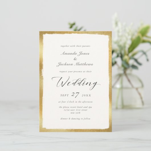 Invitation Script élégant avec Mariage semi-formel Gold Edge (Debout devant)