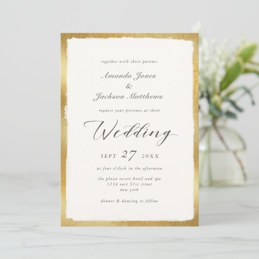 Invitation Script élégant avec Mariage semi-formel Gold Edge (Debout devant)