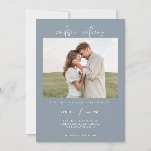 Invitation Script élégant bleu Dusty avec Mariage photo (Devant)