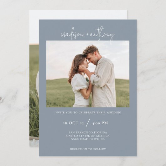 Invitation Script élégant bleu Dusty avec Mariage photo (Devant / Derrière)