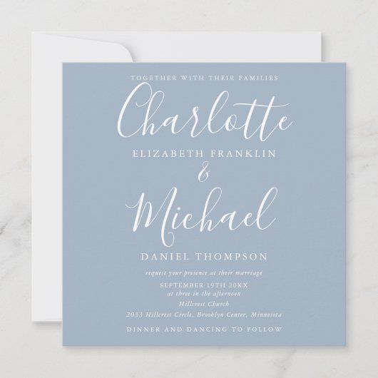Invitation Script Elégant bleu Dusty tout en un Mariage (Devant)