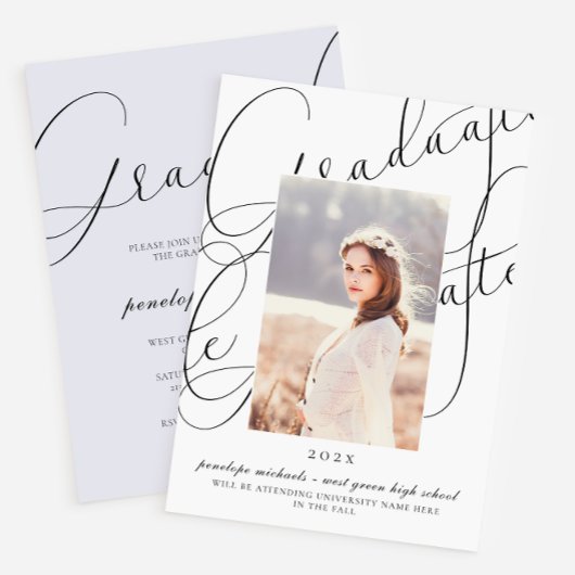 Invitation Script élégant Blue Grey Photo Party Graduation