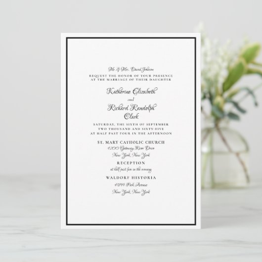 Invitation Script élégant de Mariage blanc et noir (Debout devant)