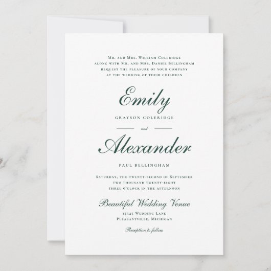 Invitation Script élégant Emerald Green Mariage blanc (Devant)