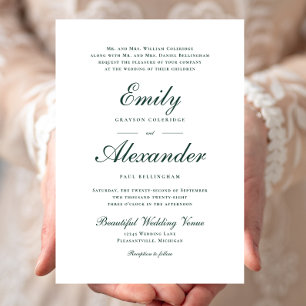 Invitation Script élégant Emerald Green Mariage blanc