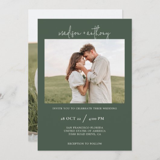 Invitation Script élégant et vert foncé avec Mariage photo (Devant / Derrière)