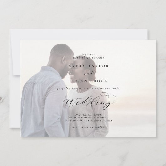 Invitation Script élégant | Mariage photo horizontal dégradé (Devant)