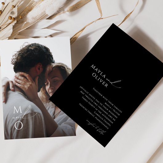 Invitation Script élégant | Mariage photo Monogramme noir