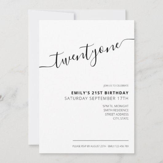 Invitation Script élégant moderne 21e anniversaire (Devant)