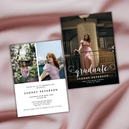 Invitation Script élégant Moderne 3 Photo Graduation Party