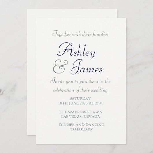 Invitation Script élégant moderne Bleu blanc Mariage simple (Devant / Derrière)