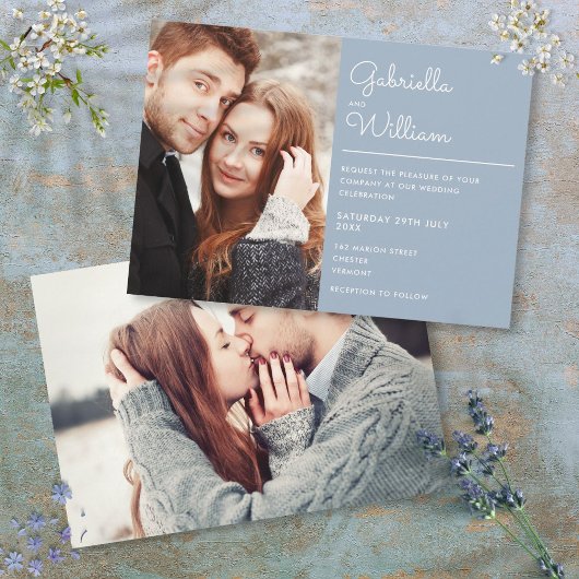 Invitation Script élégant moderne Dusty Blue 2 Mariage photo