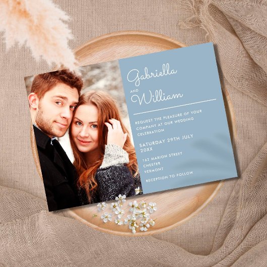 Invitation Script élégant moderne Dusty Blue Photo Mariage